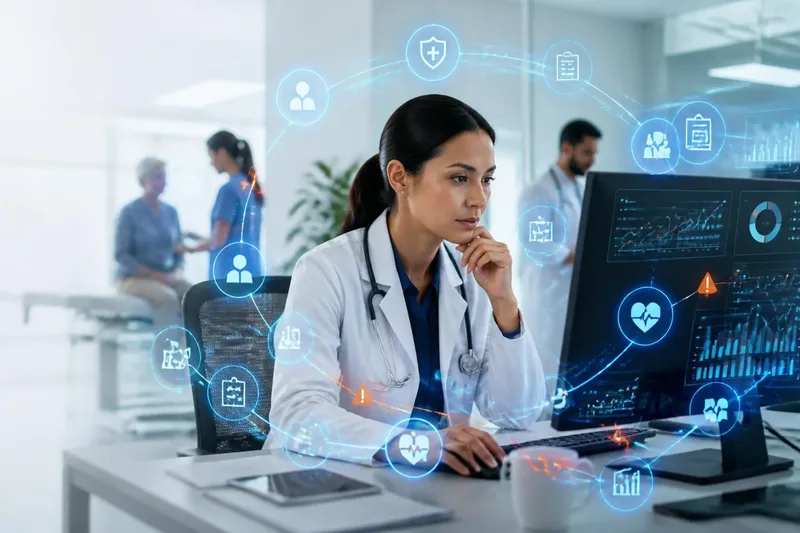 A billing specialist in a white lab coat reviewing claim denials on a computer screen