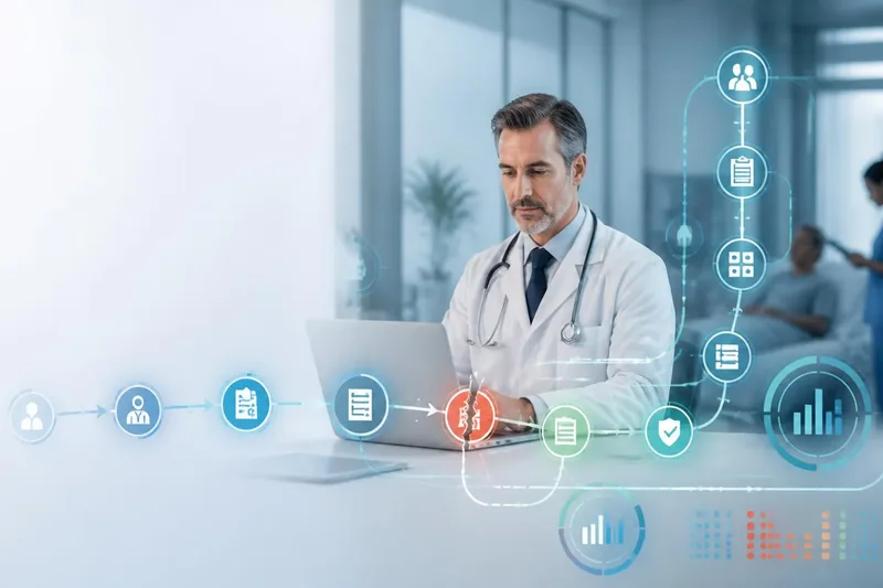 A physician at a laptop, surrounded by icons illustrating revenue cycle management for medical practices