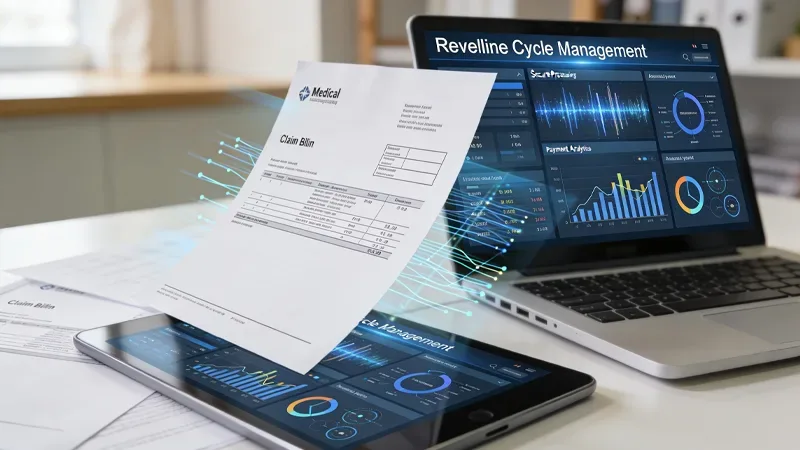 Medical billing dashboard on a tablet showing claims processing, revenue cycle, and coding